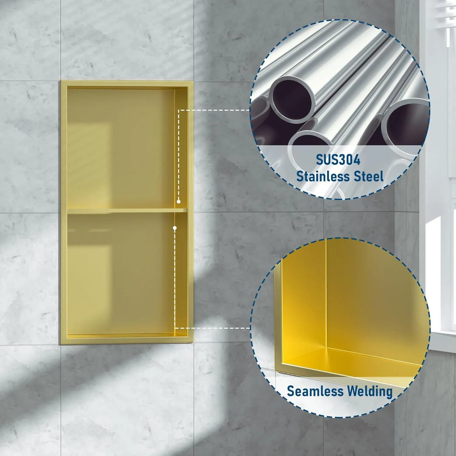 Neodrain No Tile Shower Niche, 12X24Inch Golden Stainless Steel Wall Niche, Two-Tier Bathroom Shelf, NO Tile Needed Recessed Niche for Bathroom Storage