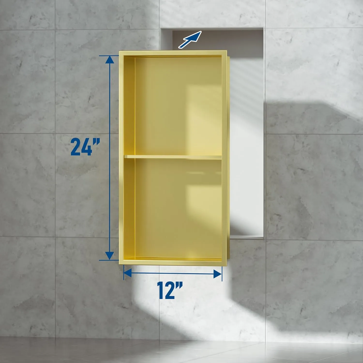 Neodrain No Tile Shower Niche, 12X24Inch Golden Stainless Steel Wall Niche, Two-Tier Bathroom Shelf, NO Tile Needed Recessed Niche for Bathroom Storage