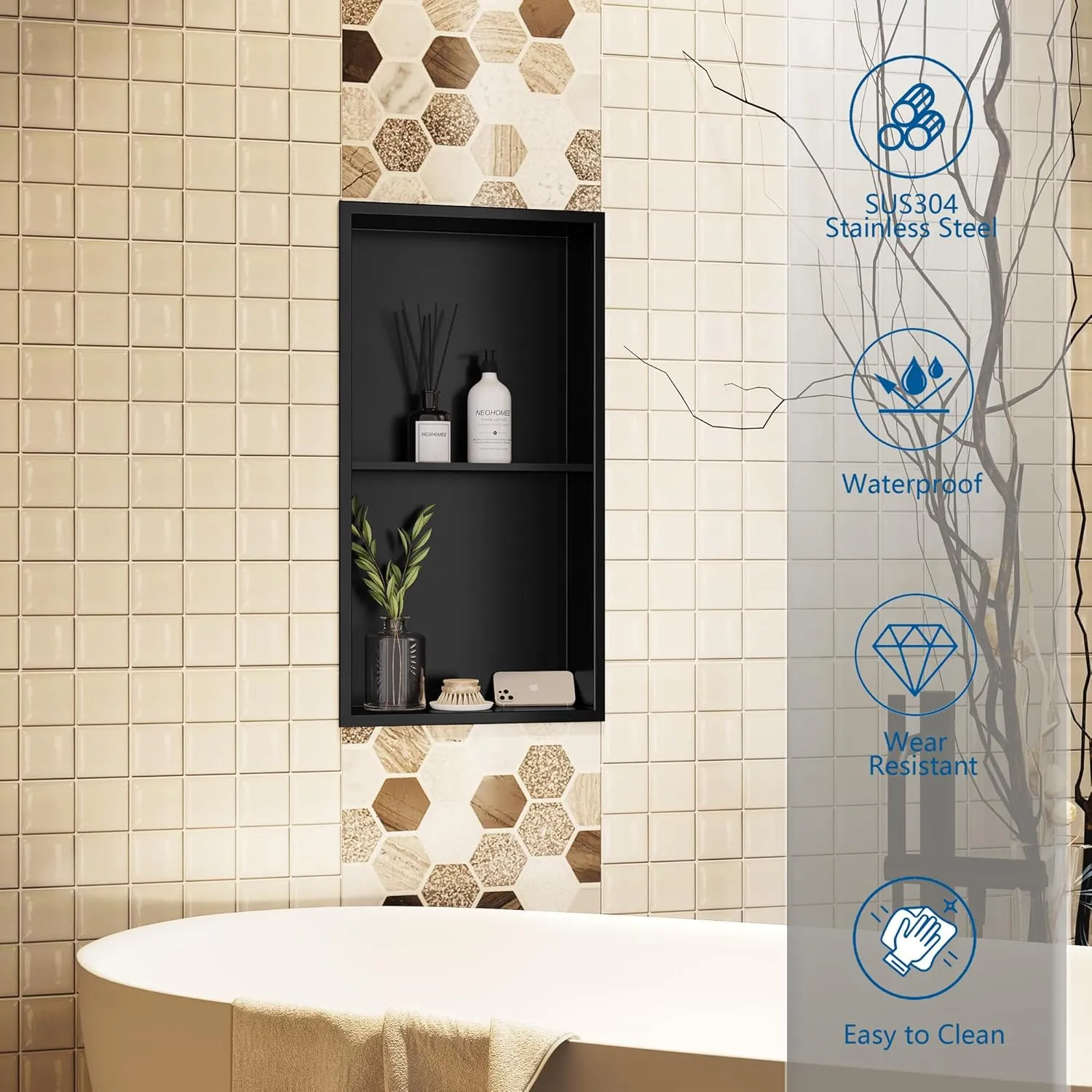 Neodrain No Tile Shower Niche, Stainless Steel Wall Niche 13.1"X25.1"(Inner Size 12"X24"), Two-Tier Bathroom Shelf, NO Tile Needed Recessed Cabinet for Bathroom Storage, Matte Black