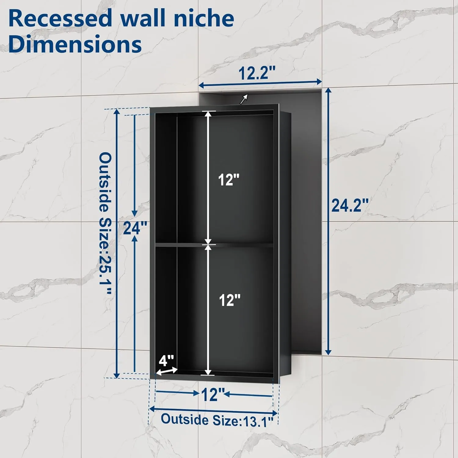 Neodrain No Tile Shower Niche, Stainless Steel Wall Niche 13.1"X25.1"(Inner Size 12"X24"), Two-Tier Bathroom Shelf, NO Tile Needed Recessed Cabinet for Bathroom Storage, Matte Black