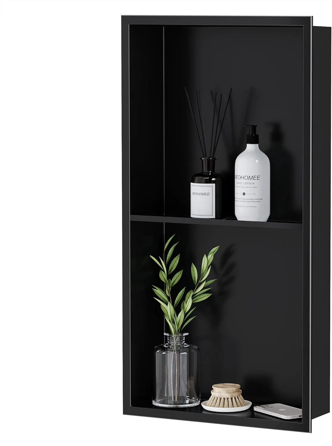 Neodrain No Tile Shower Niche, Stainless Steel Wall Niche 13.1"X25.1"(Inner Size 12"X24"), Two-Tier Bathroom Shelf, NO Tile Needed Recessed Cabinet for Bathroom Storage, Matte Black
