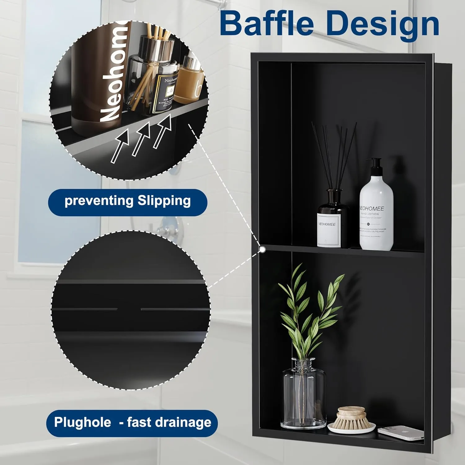 Neodrain No Tile Shower Niche, Stainless Steel Wall Niche 13.1"X25.1"(Inner Size 12"X24"), Two-Tier Bathroom Shelf, NO Tile Needed Recessed Cabinet for Bathroom Storage, Matte Black