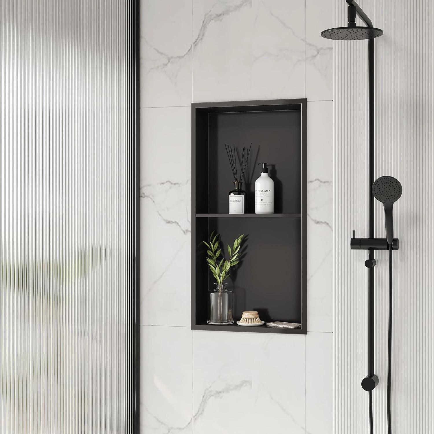 Neodrain 12X24 Inch Shower Niche, Gun Metal 2-Tier Stainless Wall Niche NO Tile Needed Recessed Cabinet for Bathroom Storage