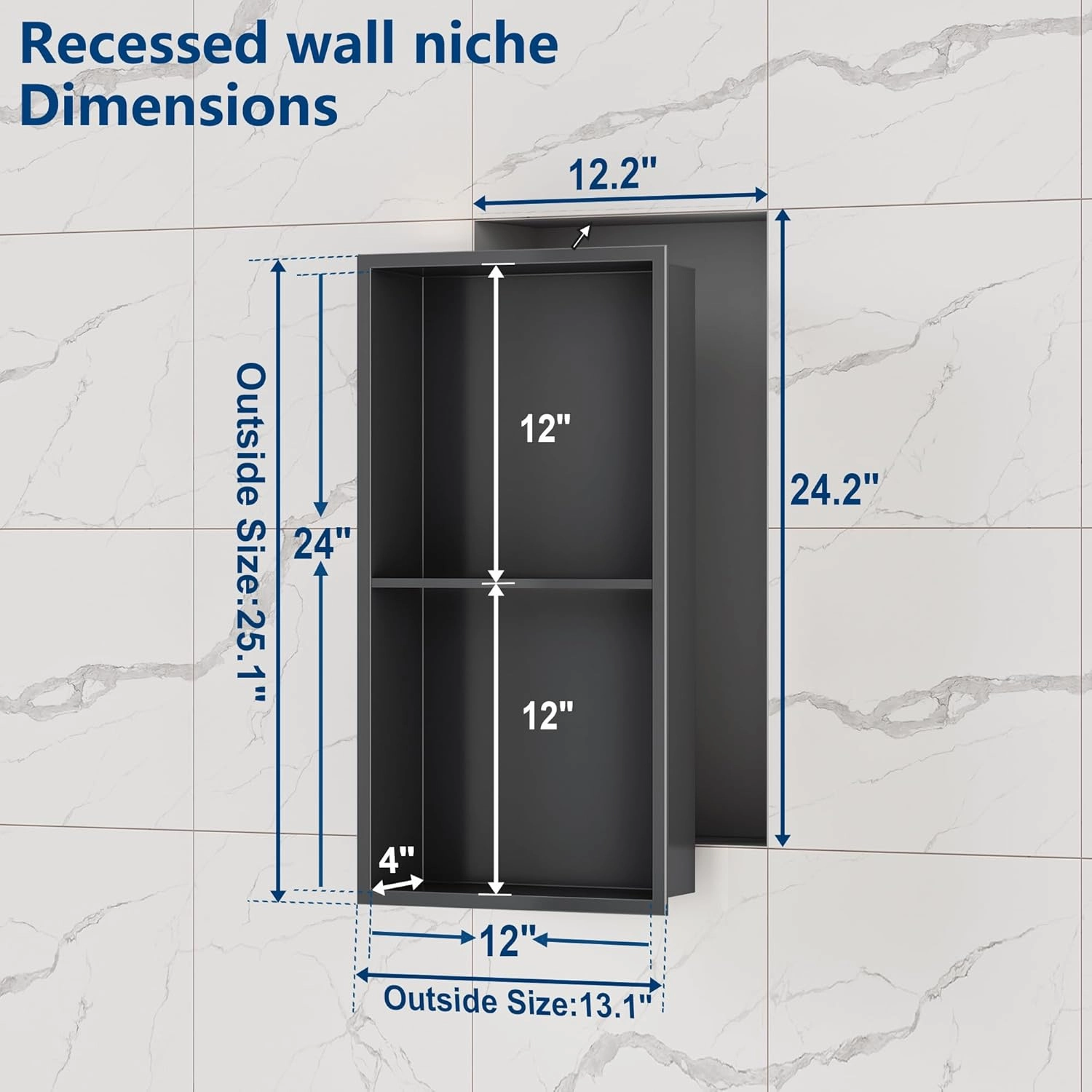 Neodrain 12X24 Inch Shower Niche, Gun Metal 2-Tier Stainless Wall Niche NO Tile Needed Recessed Cabinet for Bathroom Storage