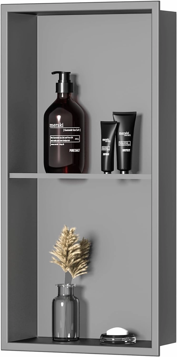Neodrain 12X24 Inch Shower Niche, Gun Metal 2-Tier Stainless Wall Niche NO Tile Needed Recessed Cabinet for Bathroom Storage