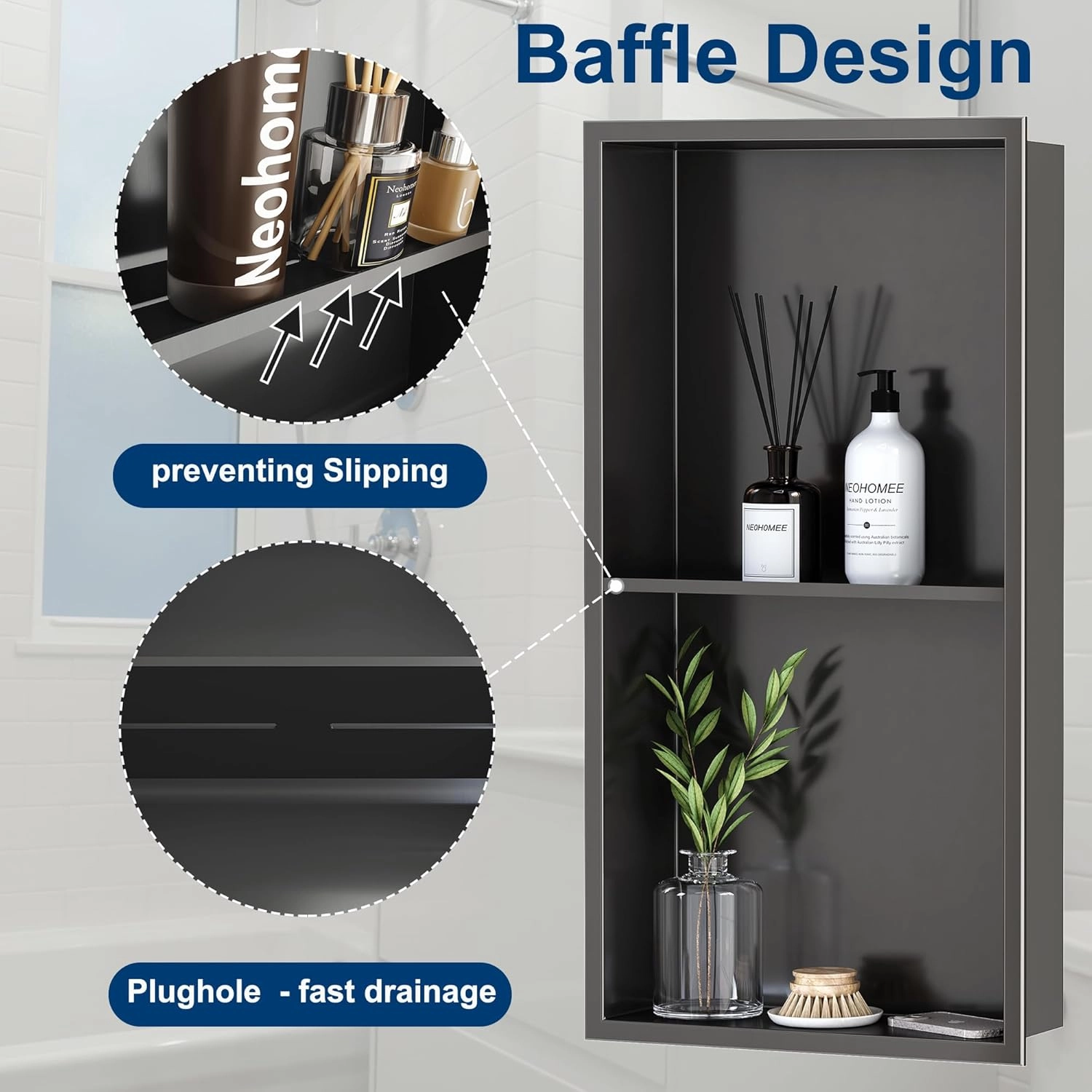 Neodrain 12X24 Inch Shower Niche, Gun Metal 2-Tier Stainless Wall Niche NO Tile Needed Recessed Cabinet for Bathroom Storage