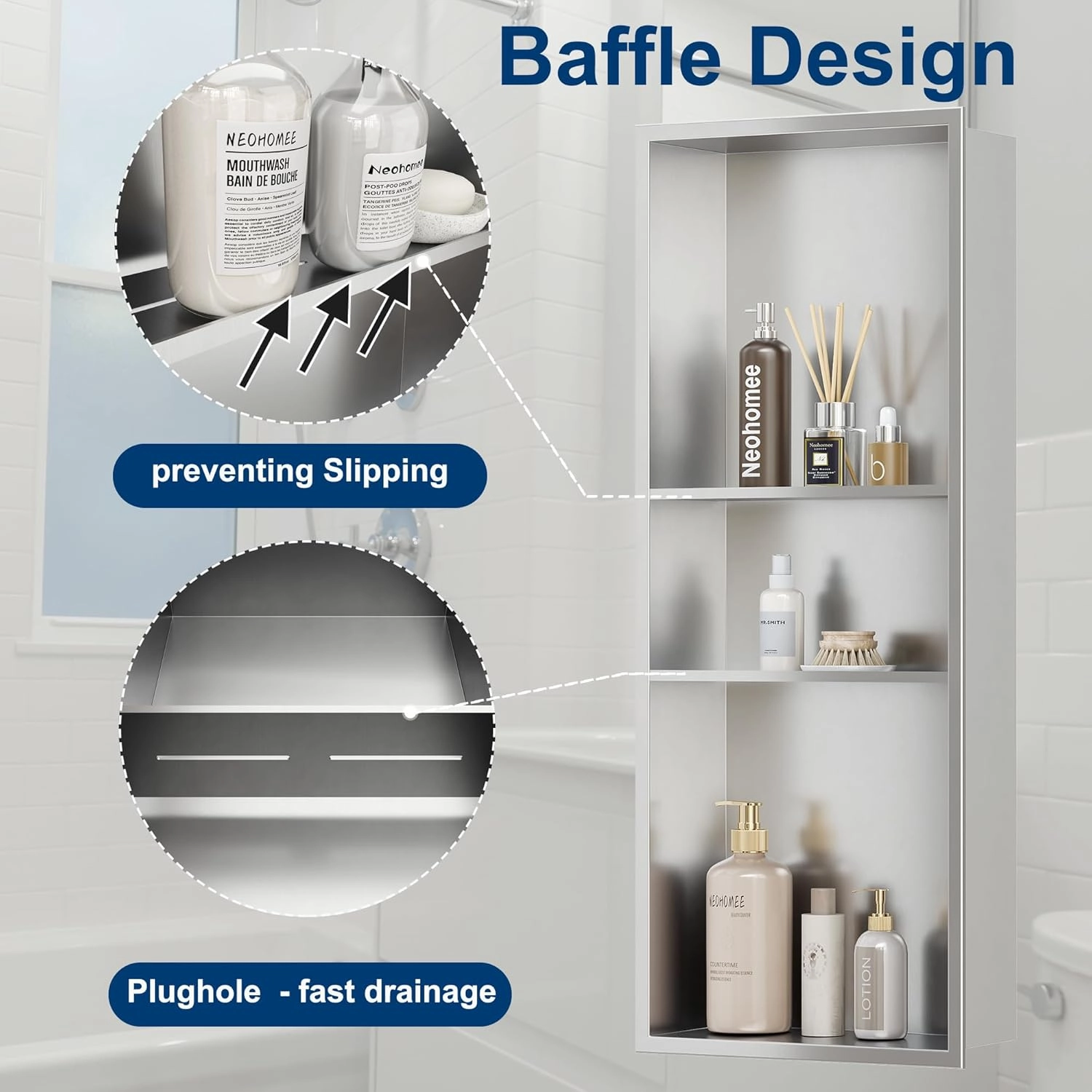 Neodrain 12x30 Shower Niche, 3-Layer Brushed Stainless Steel Recessed Niche for Bathroom Storage