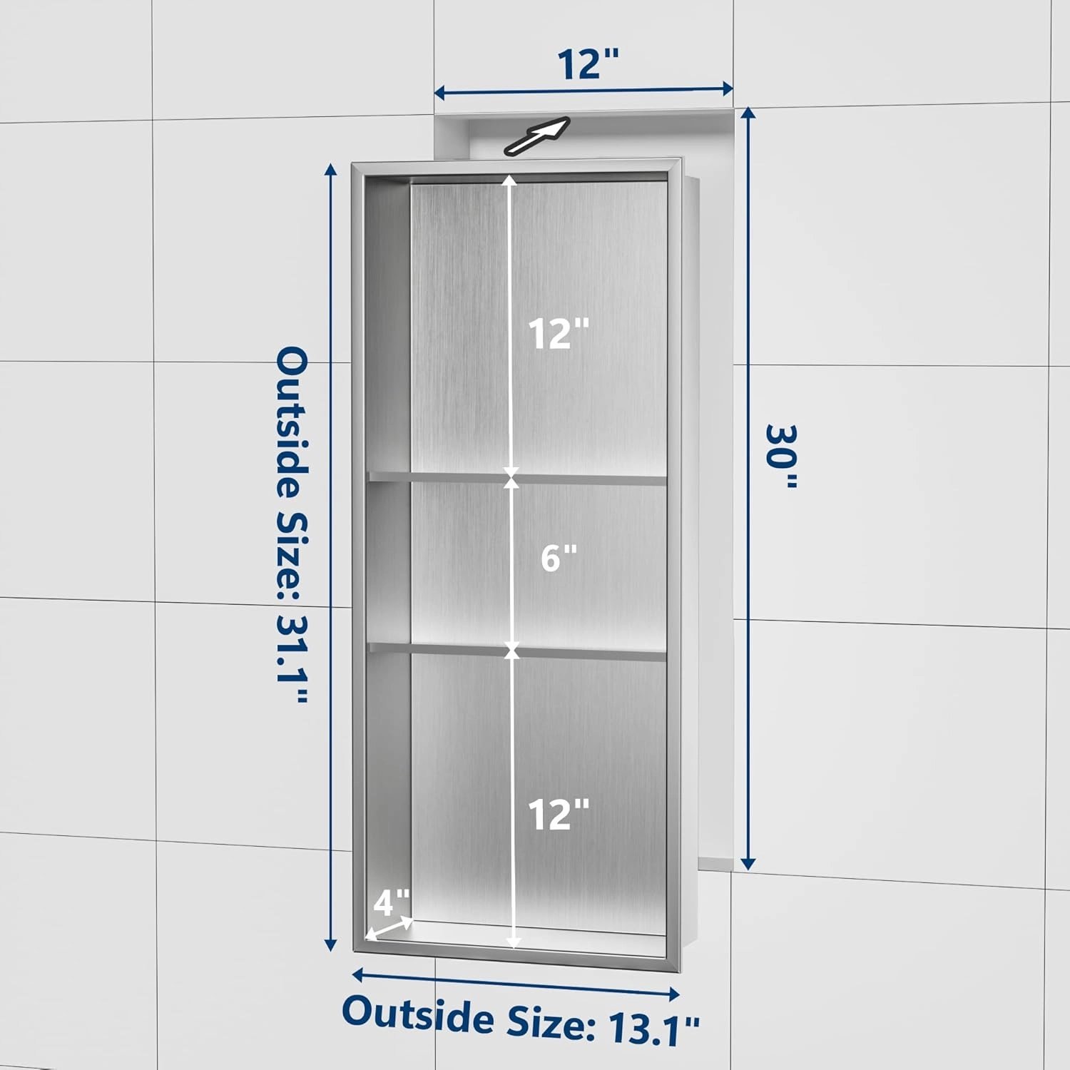 Neodrain 12x30 Shower Niche, 3-Layer Brushed Stainless Steel Recessed Niche for Bathroom Storage