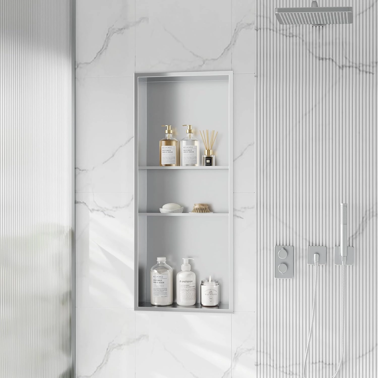 Neodrain 12x30 Shower Niche, 3-Layer Brushed Stainless Steel Recessed Niche for Bathroom Storage