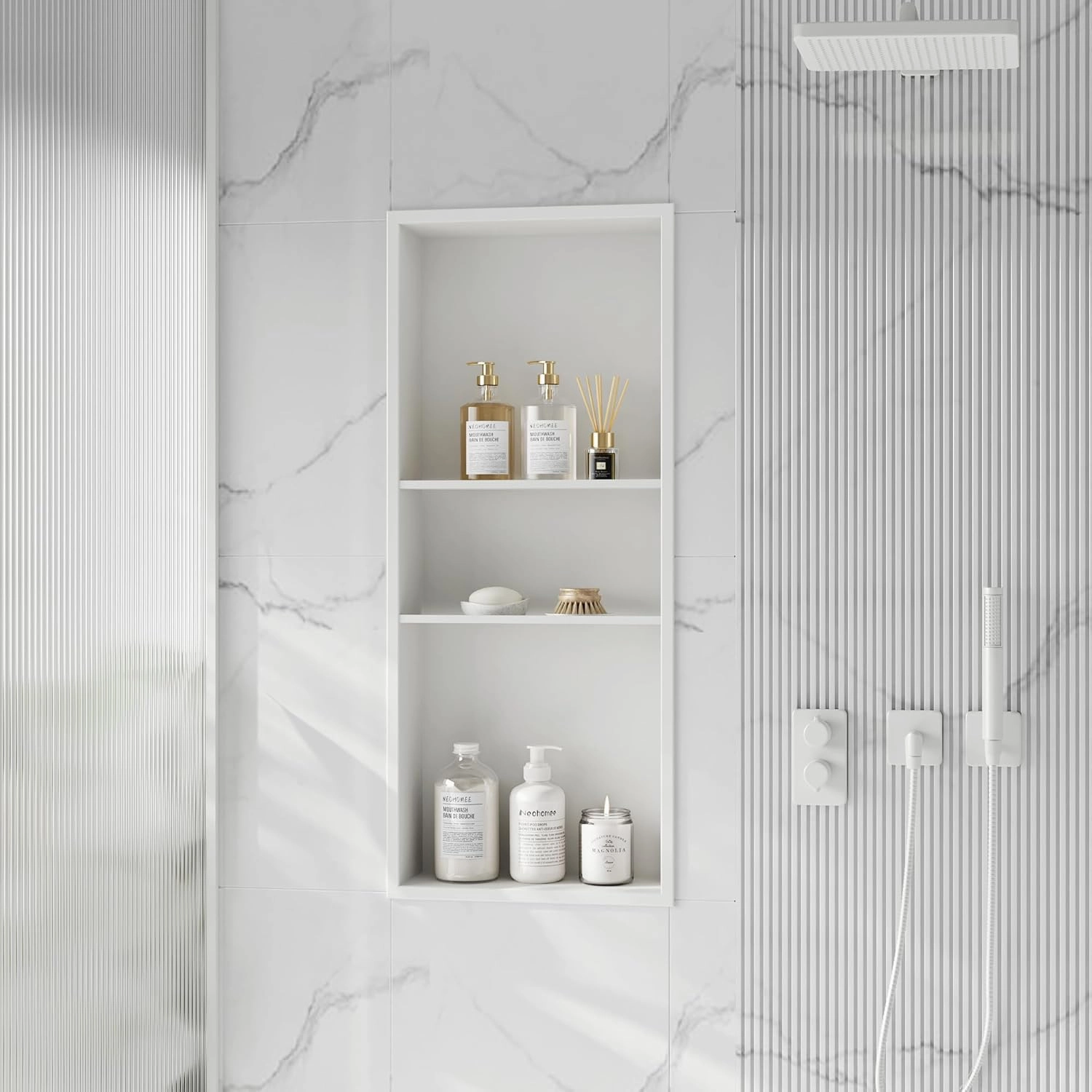 Neodrain 12X30 White Shower Niche, Stainless Steel, No Tile Needed, Recessed, For Bathroom Storage