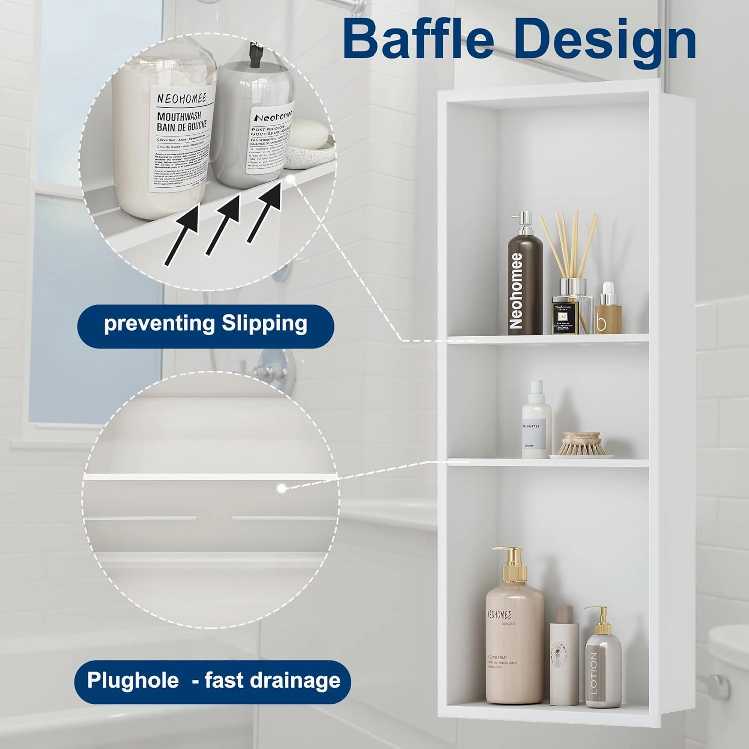 Neodrain 12X30 White Shower Niche, Stainless Steel, No Tile Needed, Recessed, For Bathroom Storage