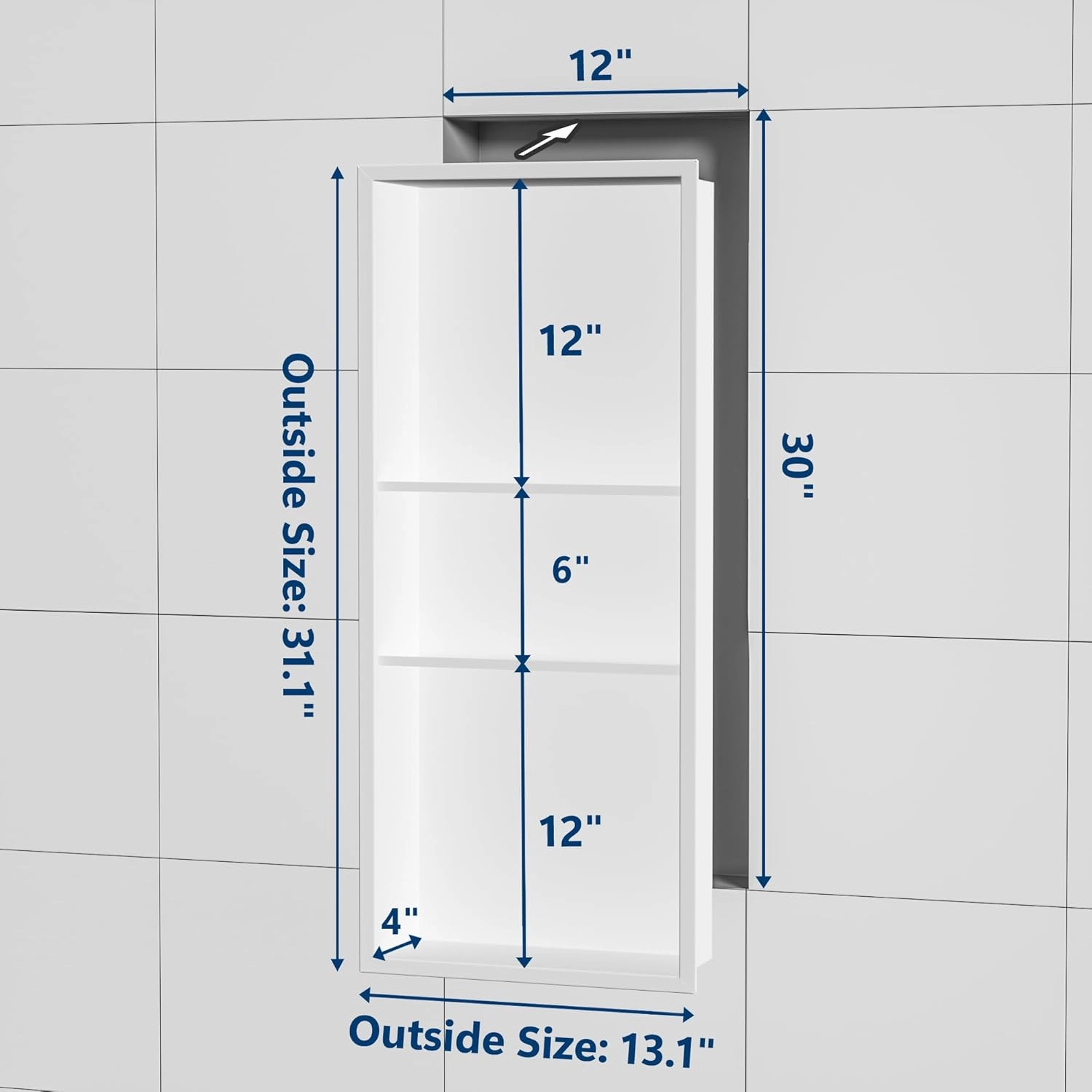 Neodrain 12X30 White Shower Niche, Stainless Steel, No Tile Needed, Recessed, For Bathroom Storage