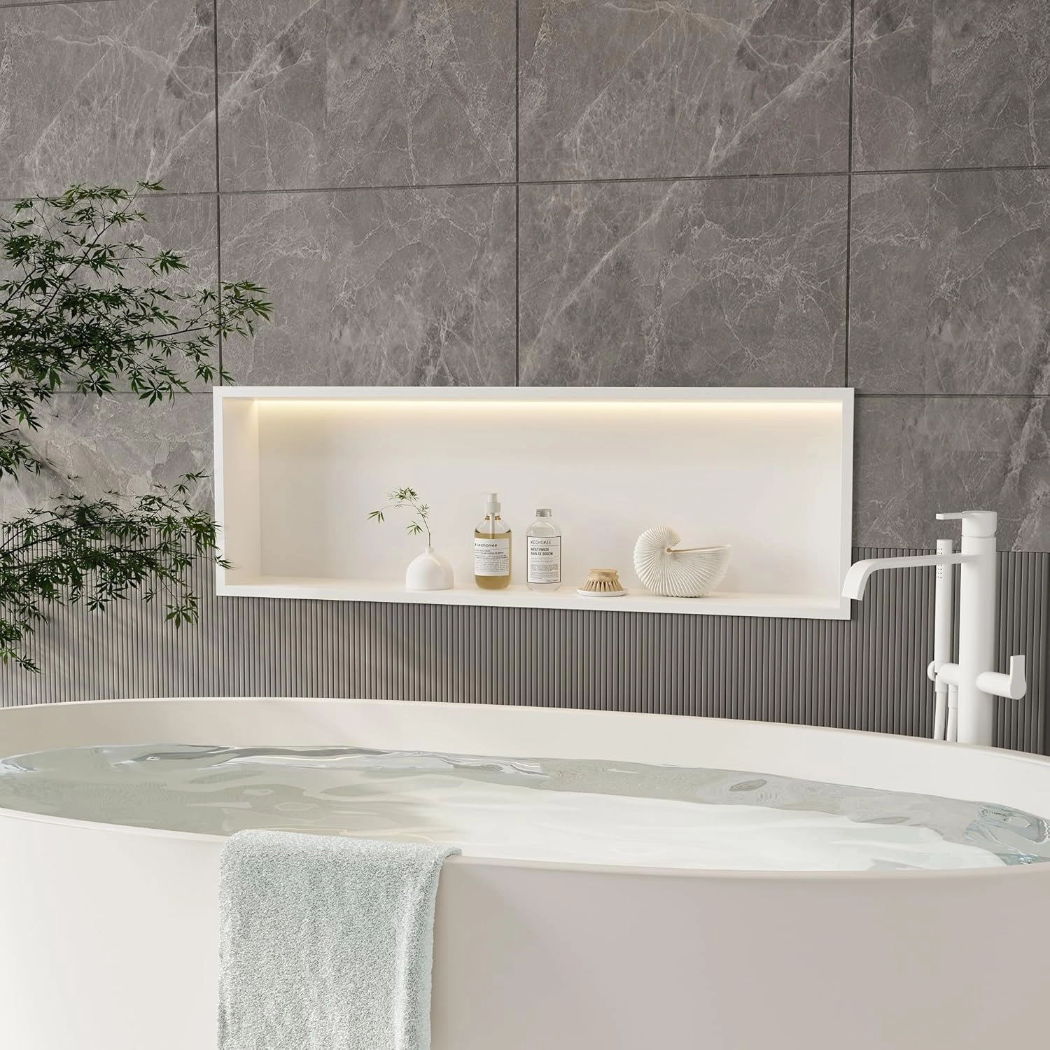 Neodrain Shower Niche, 36X12Inch White Wall Niche Stainless Steel Wall Niche NO Tile Needed Recessed Niche Shower for Bathroom Storage with Non-dimmable Led Light