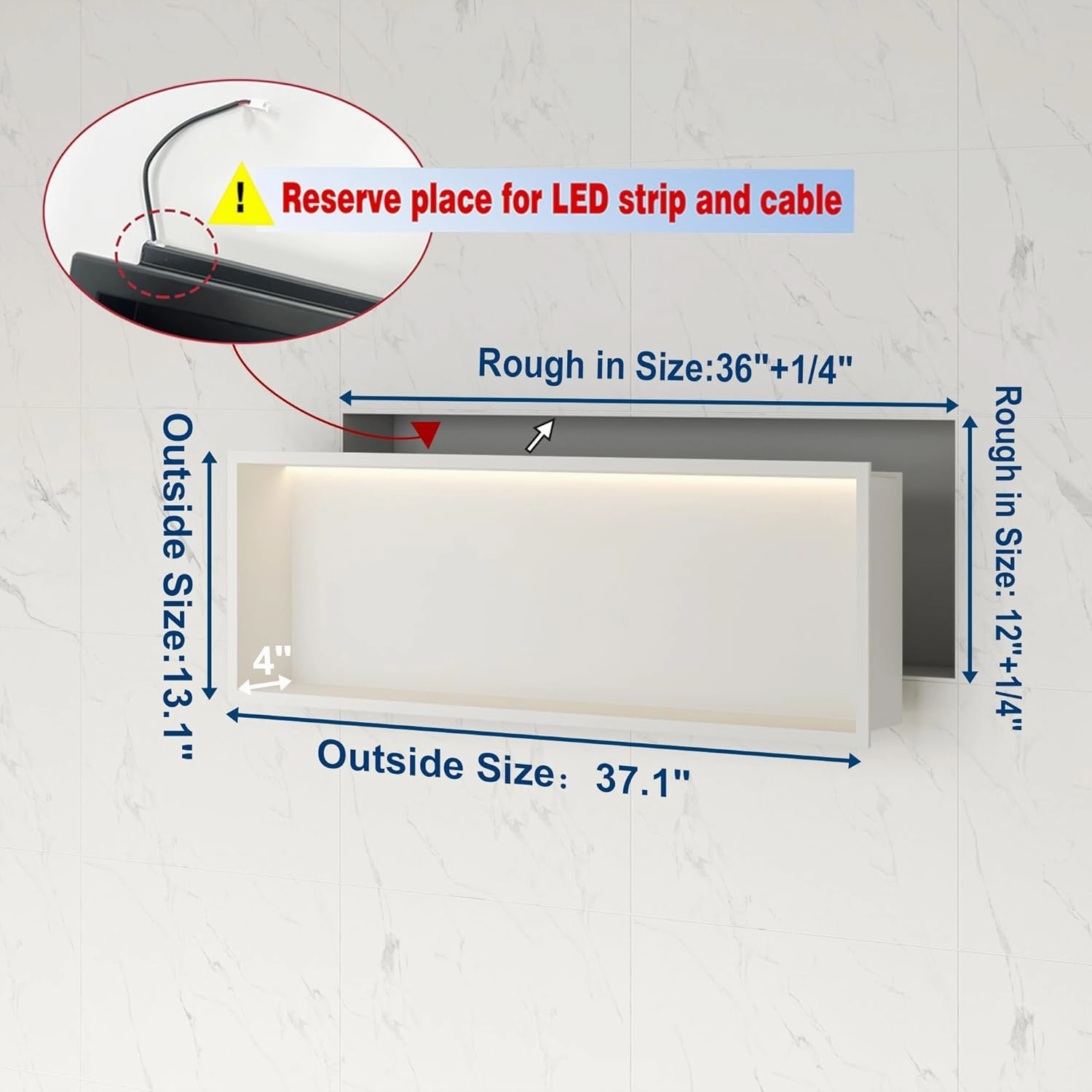 Neodrain Shower Niche, 36X12Inch White Wall Niche Stainless Steel Wall Niche NO Tile Needed Recessed Niche Shower for Bathroom Storage with Non-dimmable Led Light
