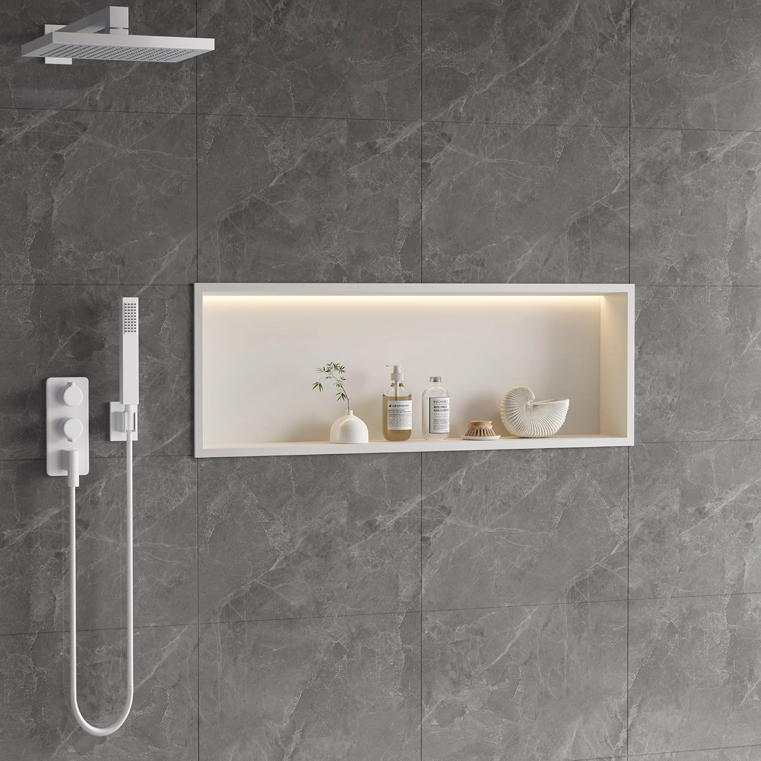 Neodrain Shower Niche, 36X12Inch White Wall Niche Stainless Steel Wall Niche NO Tile Needed Recessed Niche Shower for Bathroom Storage with Non-dimmable Led Light
