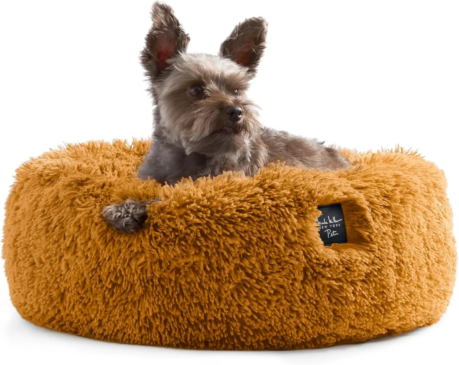 Nicole Miller New York PET Ellie Fuzzy Solid Donut Pet Bed, Plush, Cozy & Calming, Non-Slip Bottom, 100% Machine Washable, Gold, Small 24"x24"x7" Round