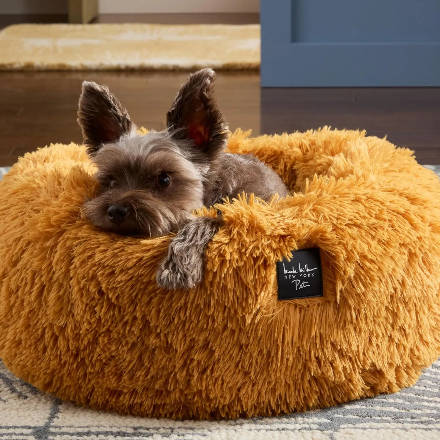 Nicole Miller New York PET Ellie Fuzzy Solid Donut Pet Bed, Plush, Cozy & Calming, Non-Slip Bottom, 100% Machine Washable, Gold, Small 24"x24"x7" Round