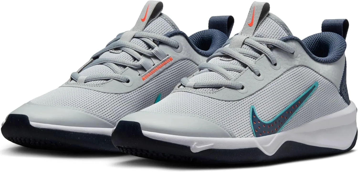 Nike Omni Multi-Court Big Kids' Indoor Court Shoes (DM9027-010, Wolf Grey/Bright Crimson/Dusty Cactus/Thunder Blue)