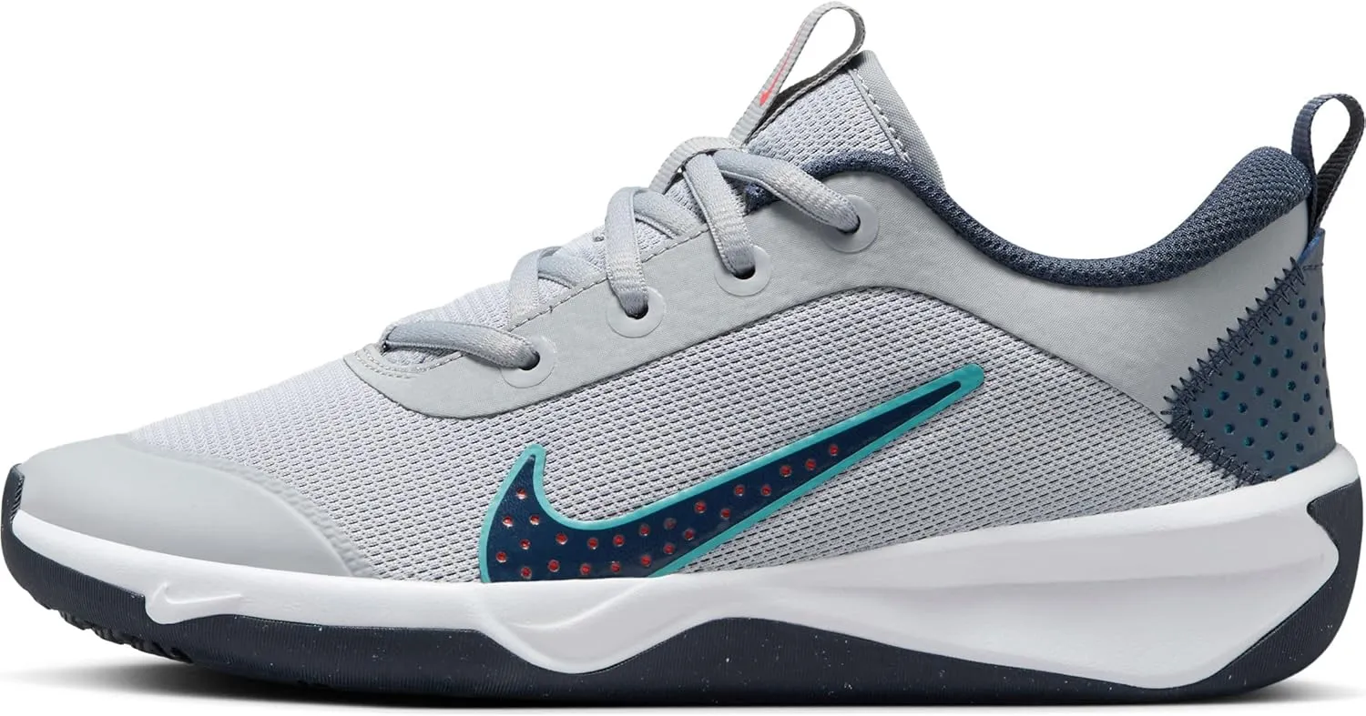 Nike Omni Multi-Court Big Kids' Indoor Court Shoes (DM9027-010, Wolf Grey/Bright Crimson/Dusty Cactus/Thunder Blue)