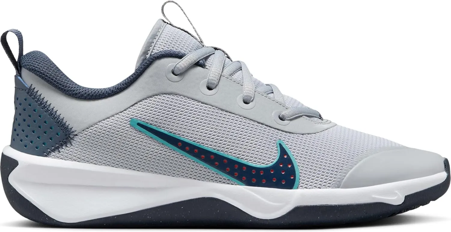 Nike Omni Multi-Court Big Kids' Indoor Court Shoes (DM9027-010, Wolf Grey/Bright Crimson/Dusty Cactus/Thunder Blue)