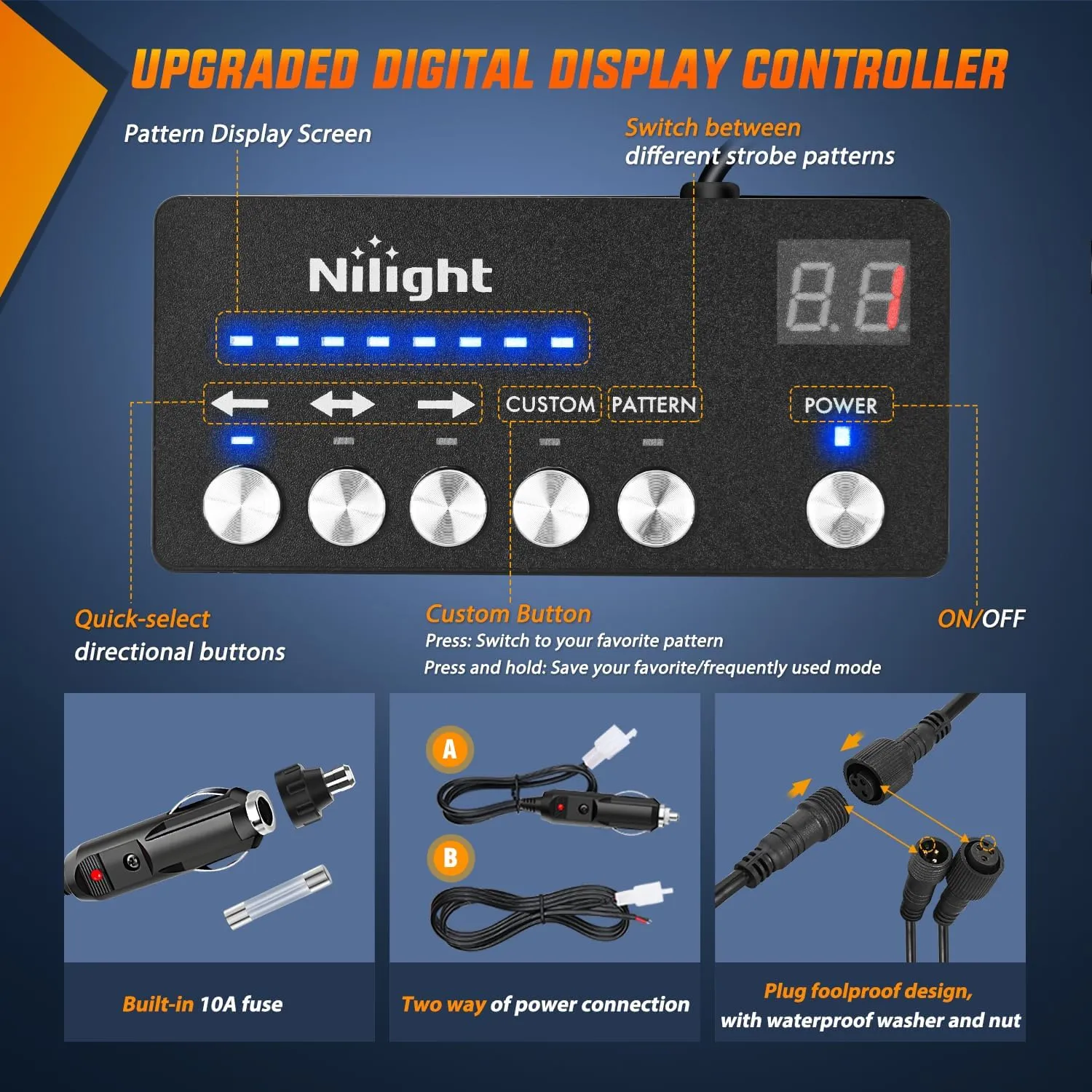 Nilight 8PCS Led Strobe Lights with Controller 12V 24V Sync Feature Amber White Strobe Light 12 LED Surface Mount Emergency Hazard Warning Lights with Strobe Controller for Vehicle Car Truck RV ATV