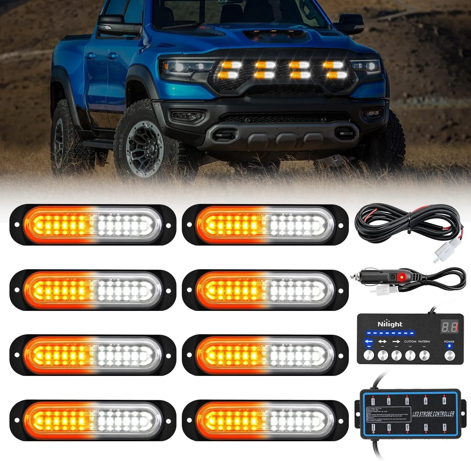Nilight 8PCS Led Strobe Lights with Controller 12V 24V Sync Feature Amber White Strobe Light 12 LED Surface Mount Emergency Hazard Warning Lights with Strobe Controller for Vehicle Car Truck RV ATV