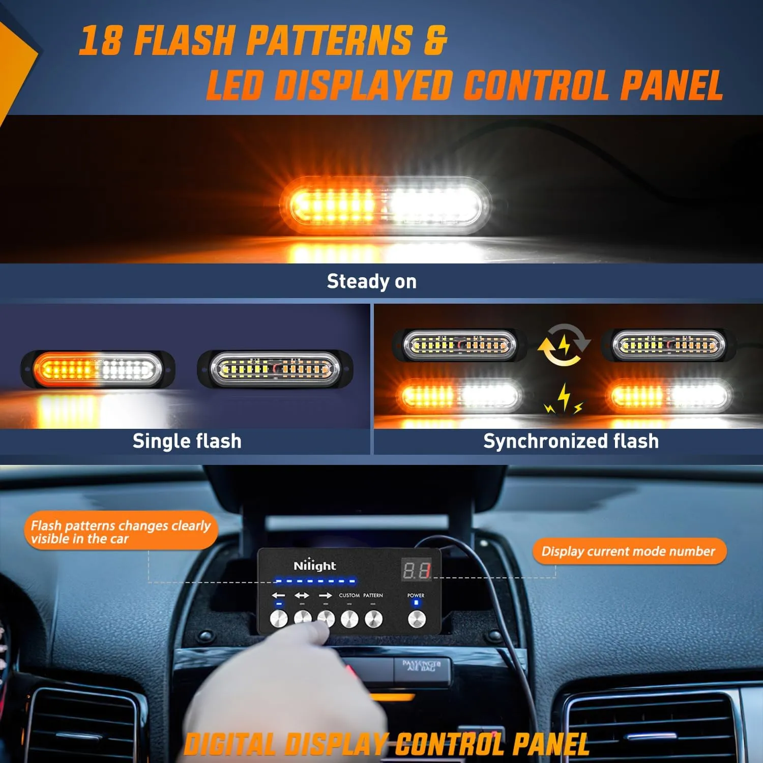 Nilight 8PCS Led Strobe Lights with Controller 12V 24V Sync Feature Amber White Strobe Light 12 LED Surface Mount Emergency Hazard Warning Lights with Strobe Controller for Vehicle Car Truck RV ATV