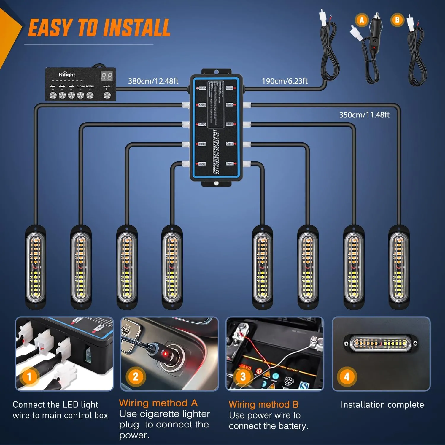 Nilight 8PCS Led Strobe Lights with Controller 12V 24V Sync Feature Amber White Strobe Light 12 LED Surface Mount Emergency Hazard Warning Lights with Strobe Controller for Vehicle Car Truck RV ATV