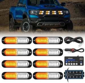 Nilight 8PCS Led Strobe Lights with Controller 12V 24V Sync Feature Amber White Strobe Light 12 LED Surface Mount Emergency Hazard Warning Lights with Strobe Controller for Vehicle Car Truck RV ATV