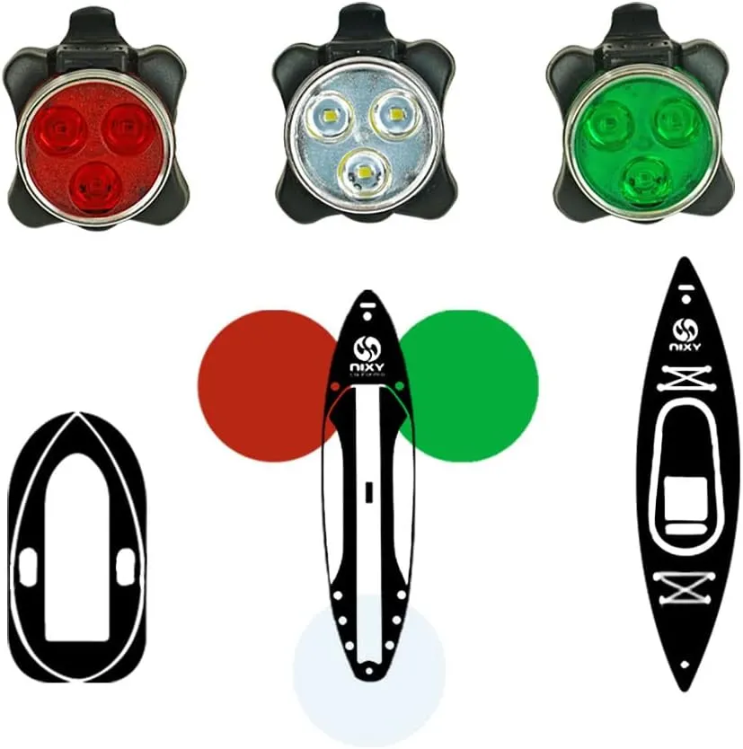 NIXY Kayak and SUP LED Navigation Lights - Red, Green and White, Rechargeable, 4 Flashing Modes, Back Clip, for Paddleboards, Boats, Canoes, Pontoons, Dinghy, Bikes and Rafts