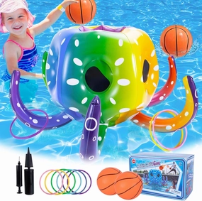 Octopus 2-in-1 Inflatable Pool Basketball Hoop & Ring Toss, Toddler Floating Toys, Fun Summer Pool Party Games for Kids & Adults