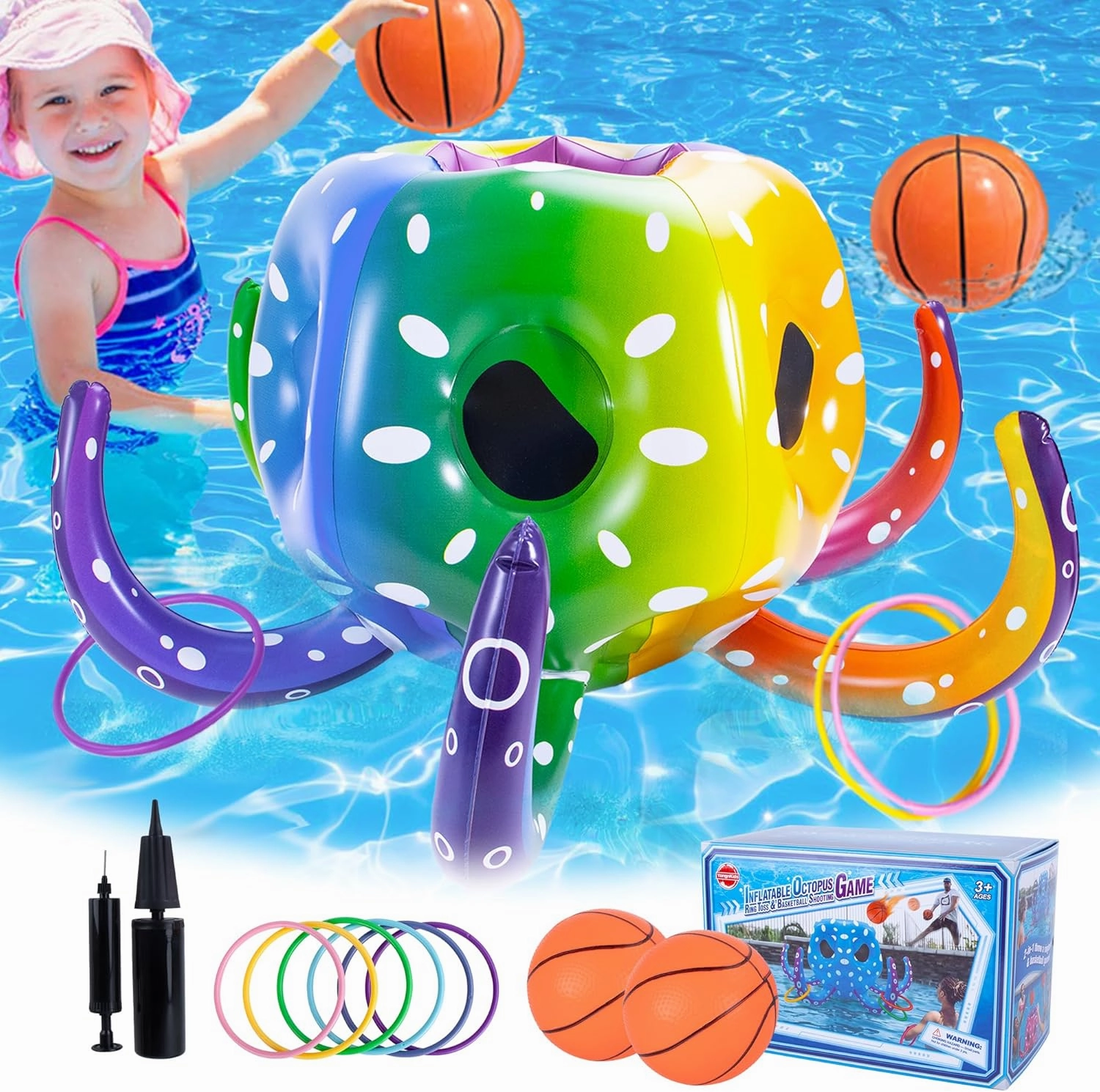 Octopus 2-in-1 Inflatable Pool Basketball Hoop & Ring Toss, Toddler Floating Toys, Fun Summer Pool Party Games for Kids & Adults