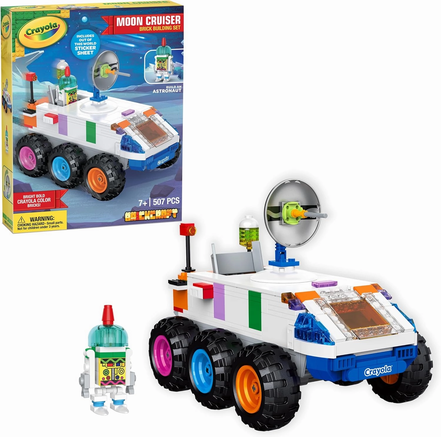 Officially Licensed Crayola Moon Cruiser Car with Spinning Satellite, Sticker Sheet, and Astronaut Figure Included 507 Pieces Multicolored Brick Building Set