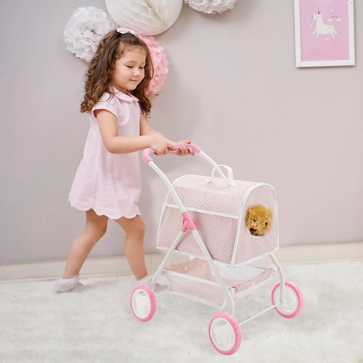Olivia's Little World Polka Dots Princess Doll Animal Stroller with Detachable Toy Pet Carrier - Pet Doll Pram for 3 yrs and Up - Pink/Gray