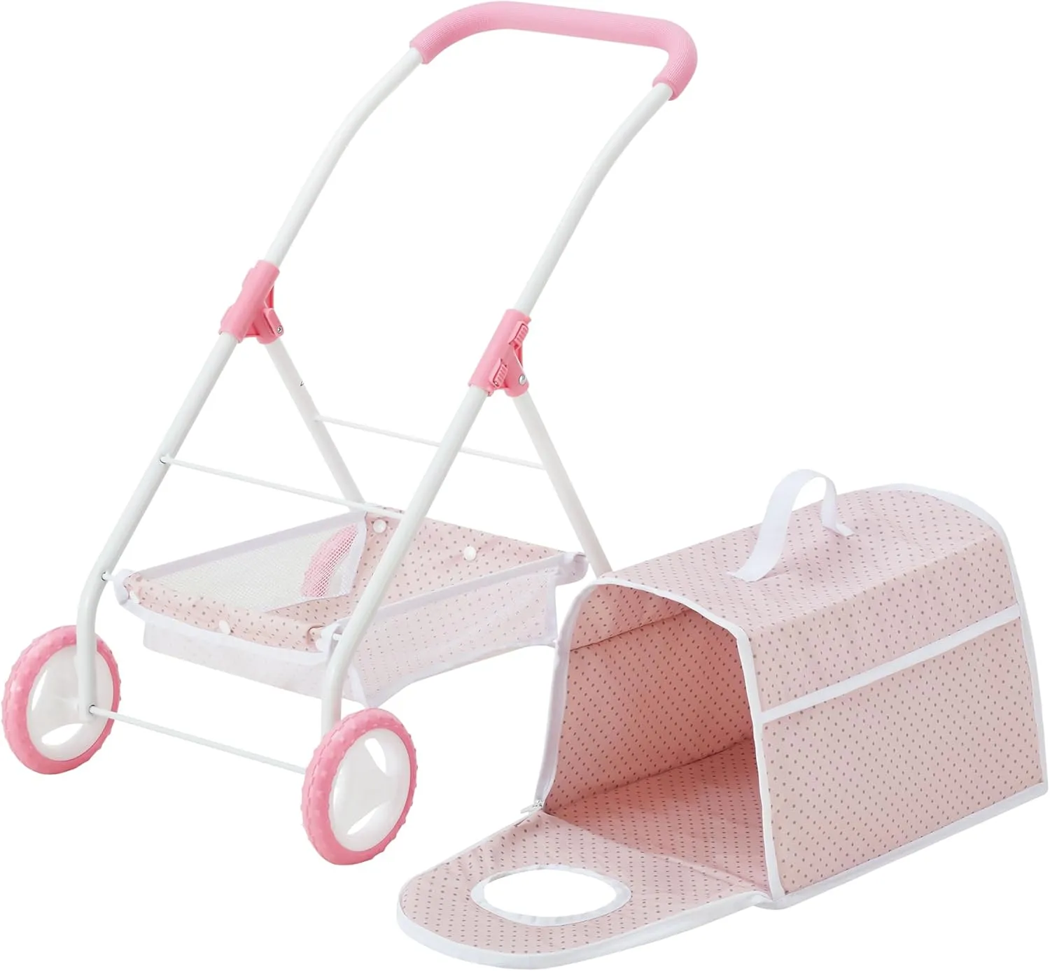 Olivia's Little World Polka Dots Princess Doll Animal Stroller with Detachable Toy Pet Carrier - Pet Doll Pram for 3 yrs and Up - Pink/Gray