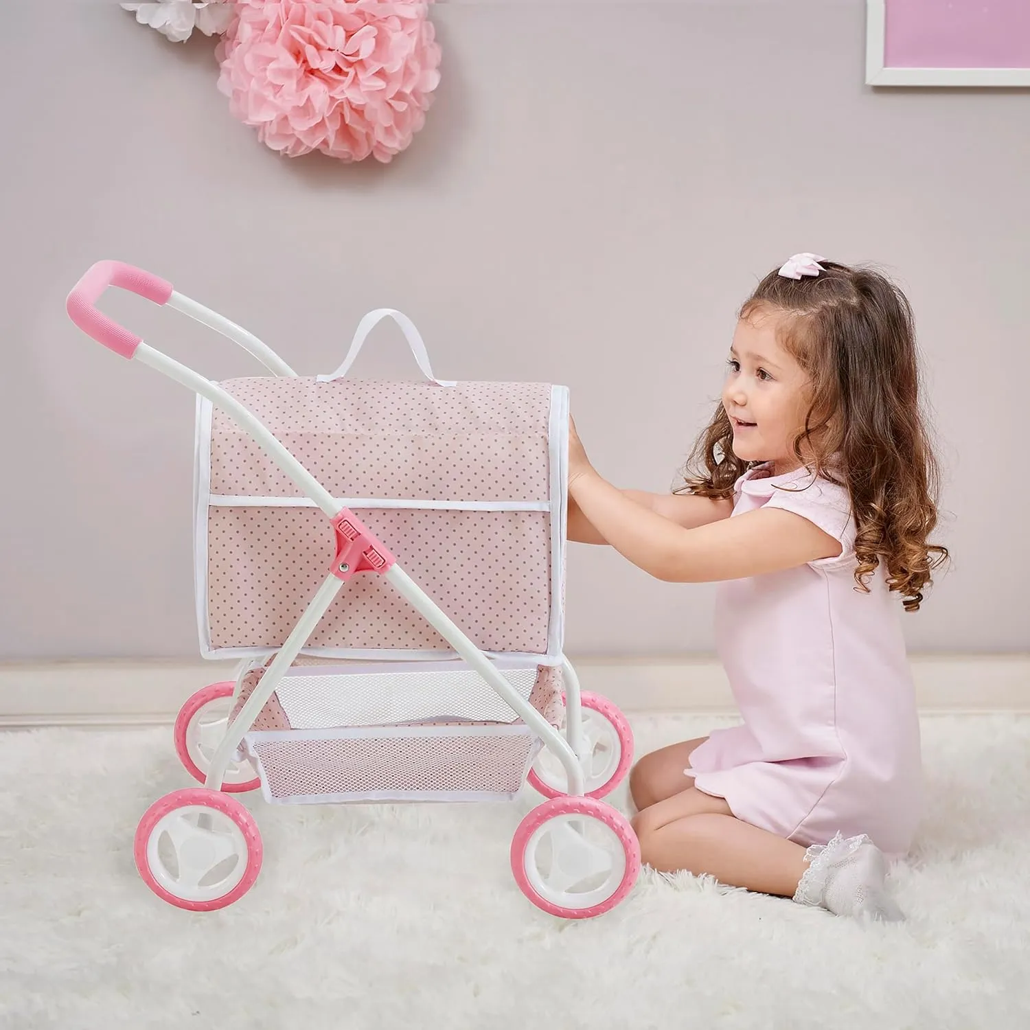 Olivia's Little World Polka Dots Princess Doll Animal Stroller with Detachable Toy Pet Carrier - Pet Doll Pram for 3 yrs and Up - Pink/Gray