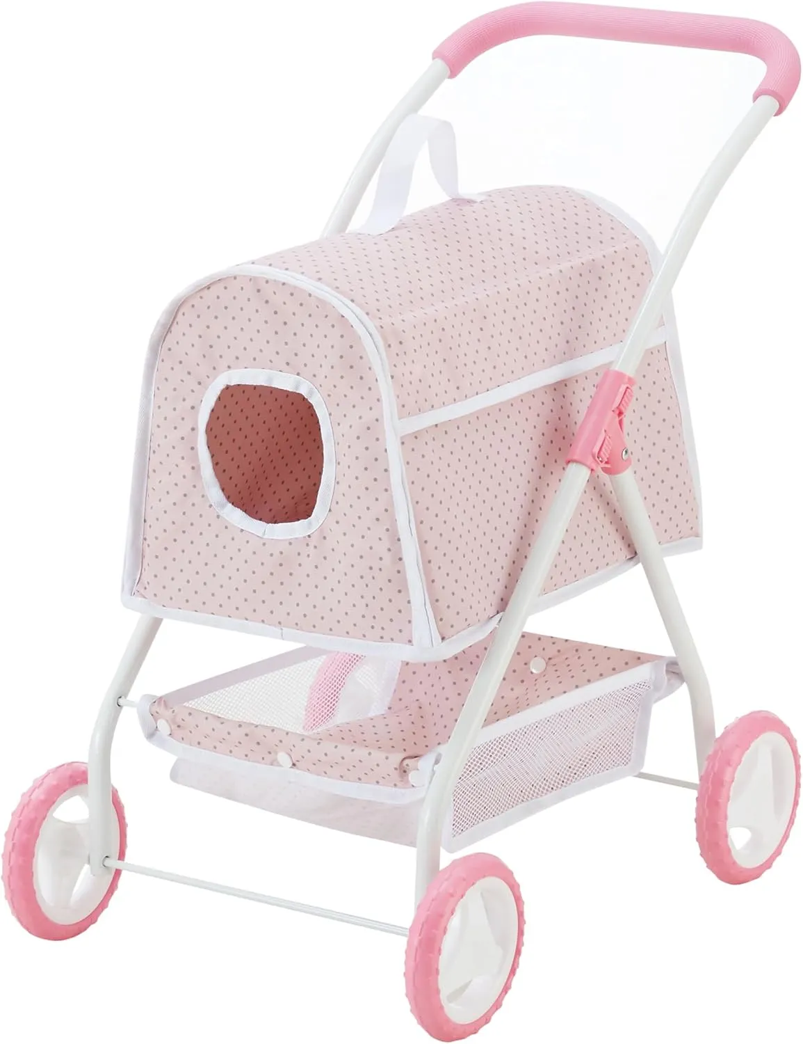Olivia's Little World Polka Dots Princess Doll Animal Stroller with Detachable Toy Pet Carrier - Pet Doll Pram for 3 yrs and Up - Pink/Gray