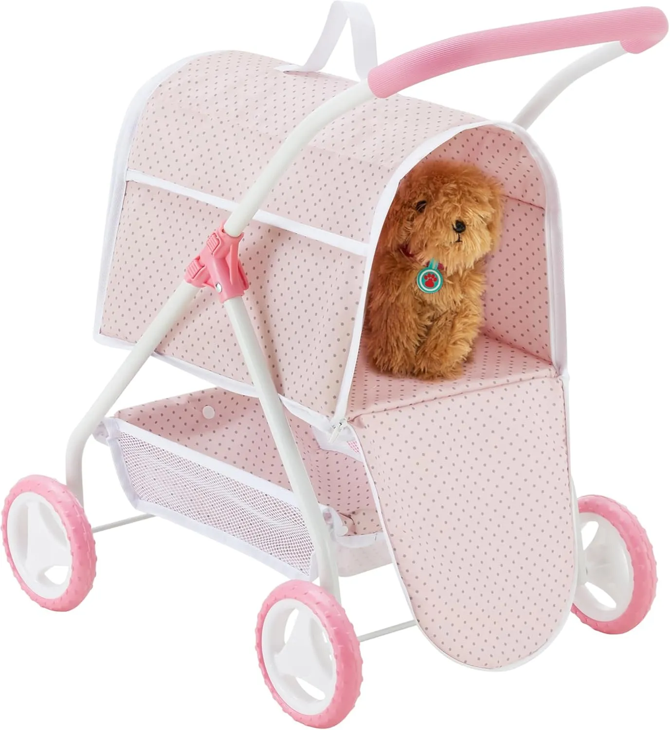 Olivia's Little World Polka Dots Princess Doll Animal Stroller with Detachable Toy Pet Carrier - Pet Doll Pram for 3 yrs and Up - Pink/Gray