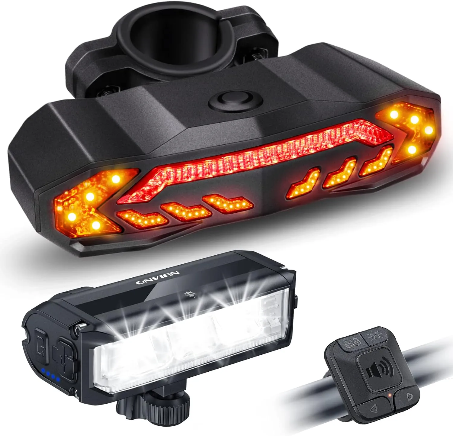 ONVIAN Rechargeable Bike Light Front and Rear Set for Night Riding, Ultra Bright Bicycle Headlight and Bike Tail Light Turn Signals with Bike Alarm, Waterproof Bike Accessories for Adult Kids Cycling