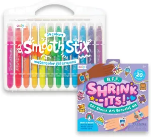 Ooly Shrink-Its! 24 PC DIY Shrinking Art Bracelet Kit That Creates BFF Bracelets & Smooth Stix Gel Crayons for Kids and Adults with Paint Brush - Set of 24 Watercolor Rainbow Crayons
