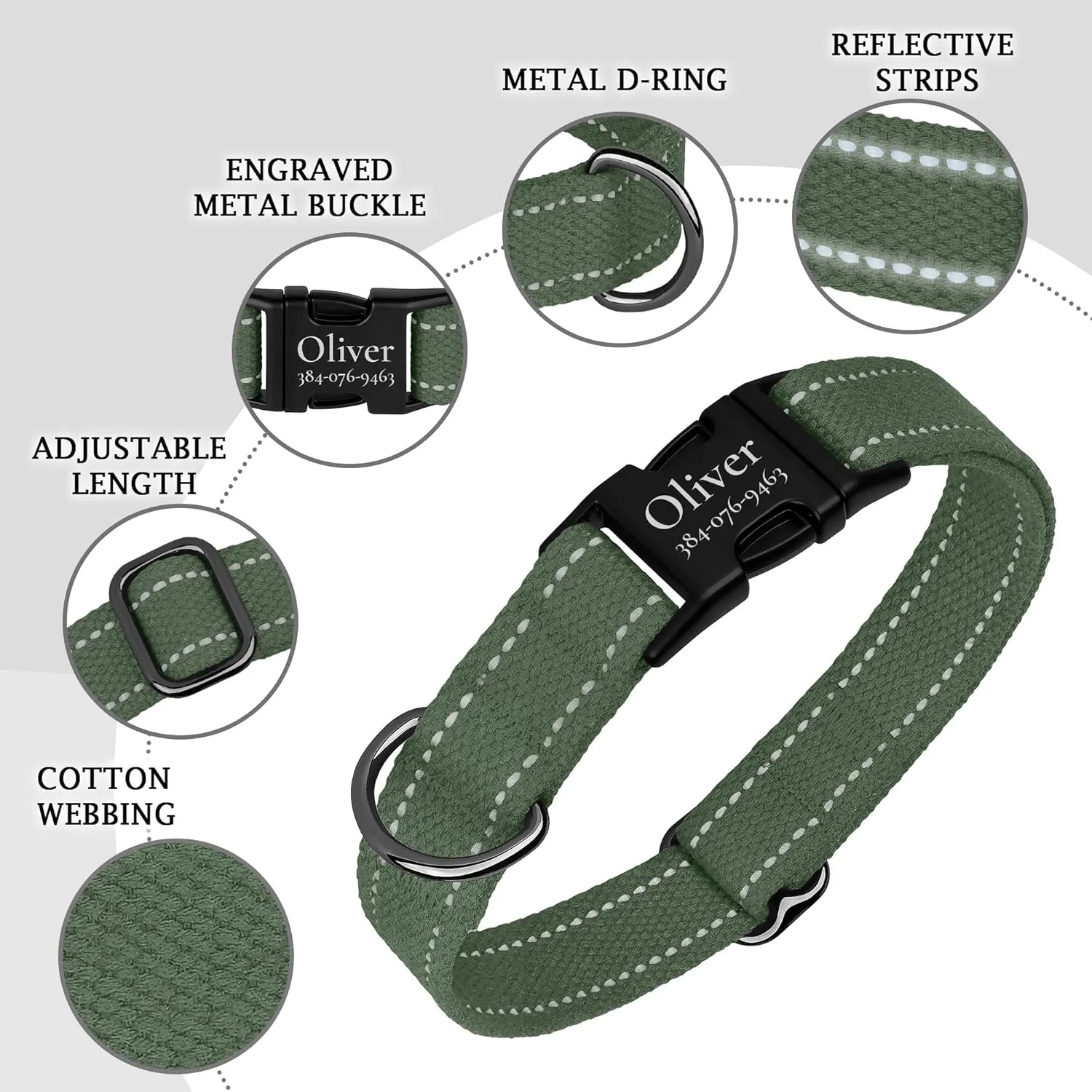 OOPSDOGGY Personalized Dog Collar with Engraved Metal Buckle Reflective Cotton Custom Collar for Dogs Puppy with Name and Phone Number (Olive, Small, 9"-12")