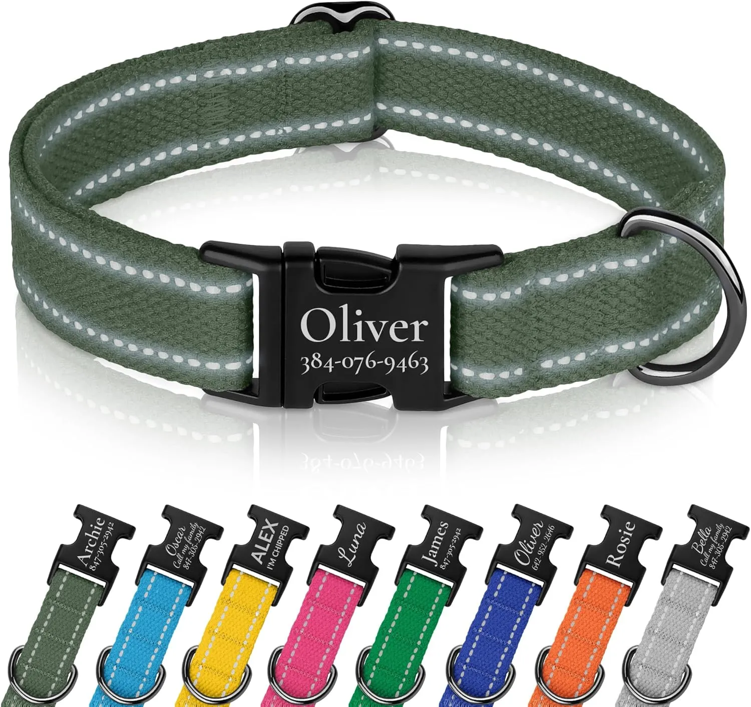 OOPSDOGGY Personalized Dog Collar with Engraved Metal Buckle Reflective Cotton Custom Collar for Dogs Puppy with Name and Phone Number (Olive, Small, 9"-12")