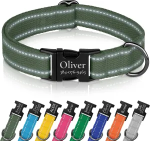 OOPSDOGGY Personalized Dog Collar with Engraved Metal Buckle Reflective Cotton Custom Collar for Dogs Puppy with Name and Phone Number (Olive, Small, 9"-12")