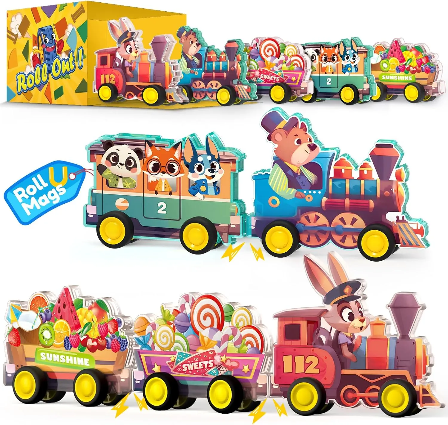 Oriate Rolling Magnet Train Set Magnetic Tiles, 5pcs Magnetized Action Animal Figurines Train Vehicles Compatible Magnetic Structural Build Magnets Tile Building Blocks Accessory Playset