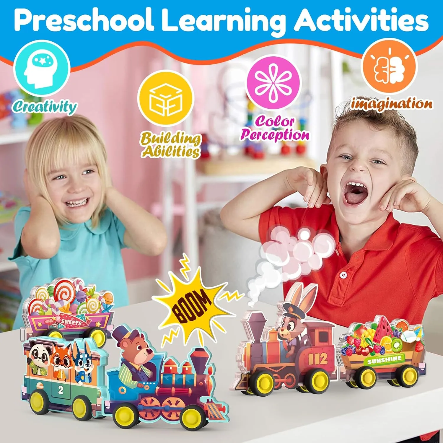 Oriate Rolling Magnet Train Set Magnetic Tiles, 5pcs Magnetized Action Animal Figurines Train Vehicles Compatible Magnetic Structural Build Magnets Tile Building Blocks Accessory Playset