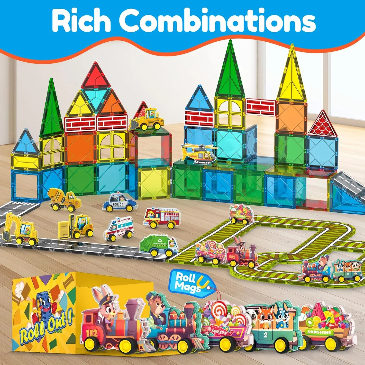 Oriate Rolling Magnet Train Set Magnetic Tiles, 5pcs Magnetized Action Animal Figurines Train Vehicles Compatible Magnetic Structural Build Magnets Tile Building Blocks Accessory Playset