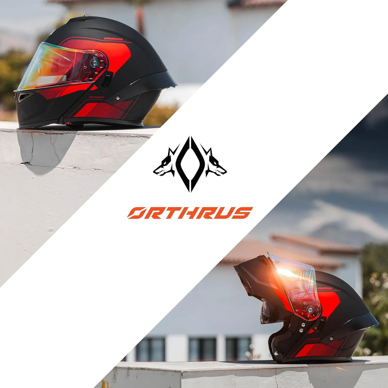 Orthrus Modular LED Full Face Motorcycle Helmet - DOT Approved Flip-Up Dual Visor Sun Shield & Bluetooth Ready for Adults Men Women - Street Bike/Motocross (Dobermann Red, XL)