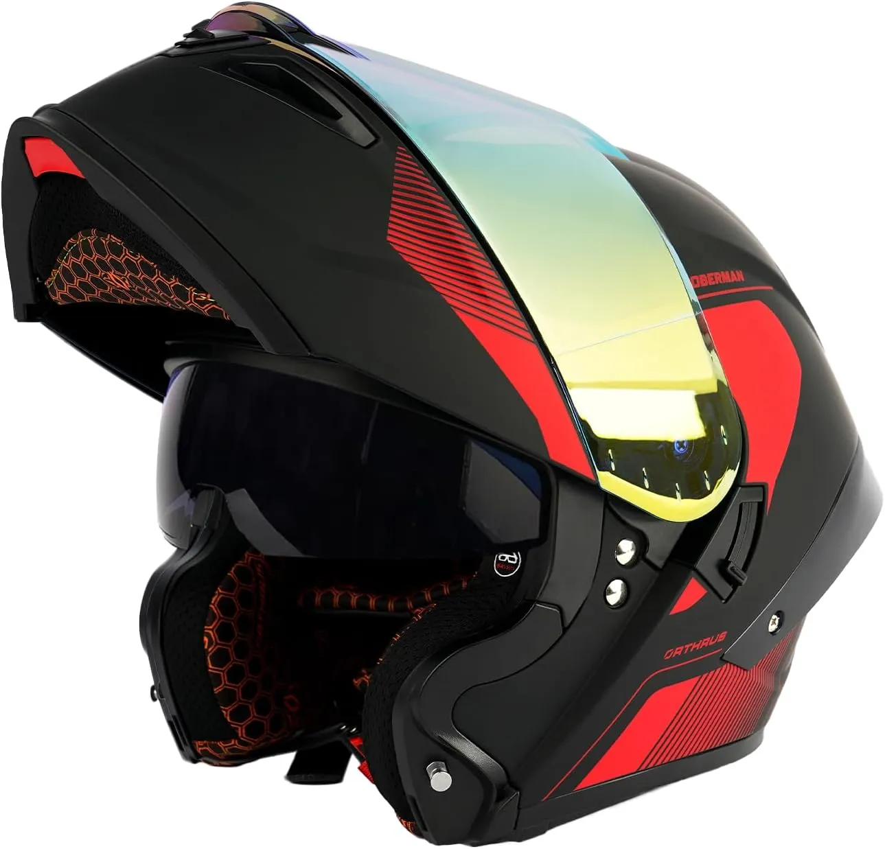 Orthrus Modular LED Full Face Motorcycle Helmet - DOT Approved Flip-Up Dual Visor Sun Shield & Bluetooth Ready for Adults Men Women - Street Bike/Motocross (Dobermann Red, XL)