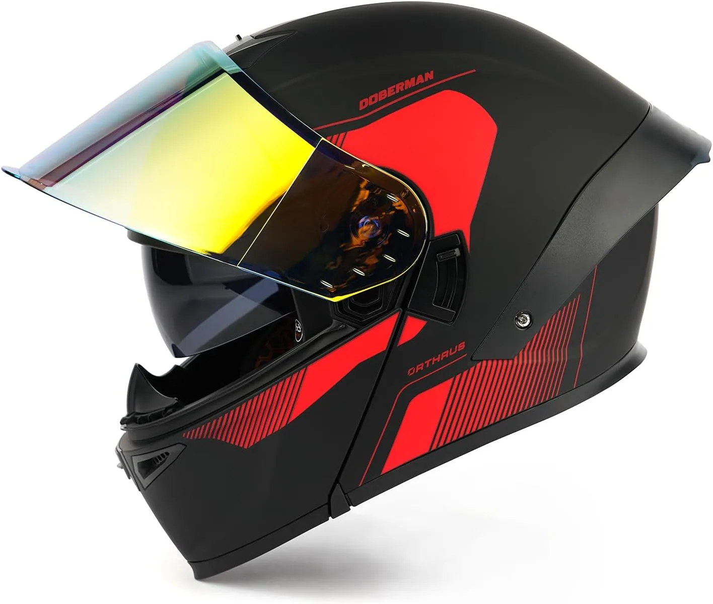 Orthrus Modular LED Full Face Motorcycle Helmet - DOT Approved Flip-Up Dual Visor Sun Shield & Bluetooth Ready for Adults Men Women - Street Bike/Motocross (Dobermann Red, XL)