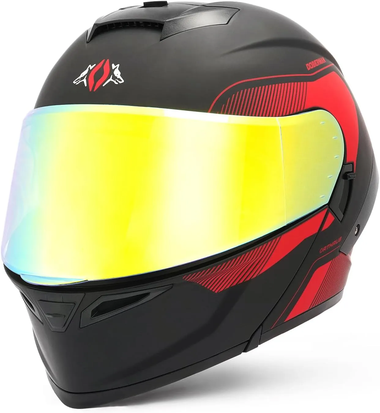 Orthrus Modular LED Full Face Motorcycle Helmet - DOT Approved Flip-Up Dual Visor Sun Shield & Bluetooth Ready for Adults Men Women - Street Bike/Motocross (Dobermann Red, XL)